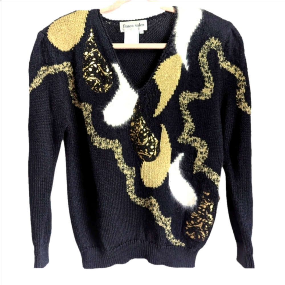 VINTAGE Black Gold Retro Kitsch Artsy Leather Patches Knit V Neck Sweater Small